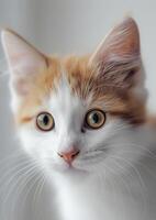 Purring cat with big eyes, white background, International Cat Day, adorable face, photo