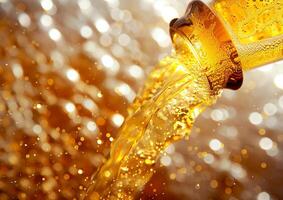 Pouring beer from tap, International Beer Day, close-up shot, golden liquid, frothy head, bar backdrop, photo