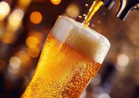Pouring beer from tap, International Beer Day, close-up shot, golden liquid, frothy head, bar backdrop, photo