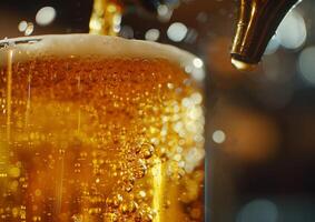 Pouring beer from tap, International Beer Day, close-up shot, golden liquid, frothy head, bar backdrop, photo