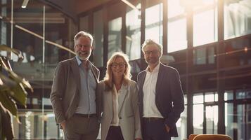 Group of professionals in a modern office, successful team portrait, displaying teamwork and success, photo