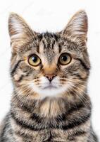 Purring cat with bright eyes, white background, International Cat Day, joyful expression, photo