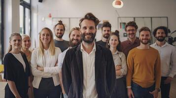Group of professionals in a modern office, successful team portrait, displaying teamwork and success, photo