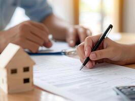 Customer and landlord completing a rental contract, detailed view of agreement paperwork, photo