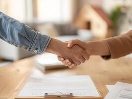Landlord and customer shaking hands after signing rental contract, focus on agreement paperwork, photo