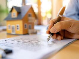 Customer and landlord signing rental contract, close-up of agreement and pen, photo