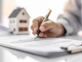 Rental agreement signing between customer and landlord, close-up of contract and pen, photo