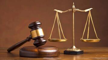 Law and justice, court of law, judge's gavel on sound block, scales beside, legal setting, photo