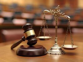 Wooden gavel and scales, 3D rendering, symbolizing fairness, justice, and authority, photo