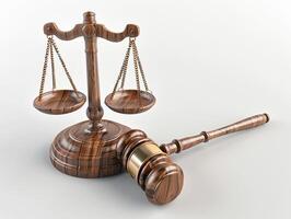 Wooden gavel and scales, 3D rendering, symbolizing fairness, justice, and authority, photo