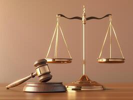 Wooden gavel and scales, 3D rendering, symbolizing fairness, justice, and authority, photo