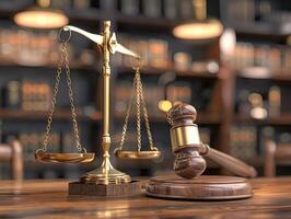 Wooden hammer and scale for judge, symbol of justice, 3D rendering, classic legal iconography, photo