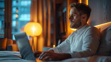 Business traveler working on a laptop in a hotel room, modern workspace setup, photo