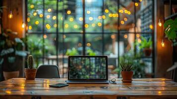 Professional working remotely from a stylish co-working space, business trip setup, photo