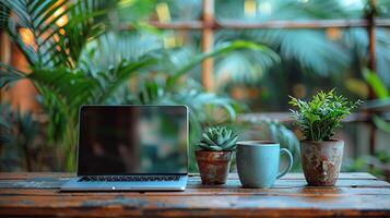Professional working remotely from a stylish co-working space, business trip setup, photo