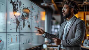 Leader explaining a concept, business meeting, large screen display, magazine photography style, photo