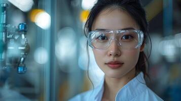 Portrait of an Asian female engineer in uniform and safety goggles, controlling and monitoring screen process in factory, photo