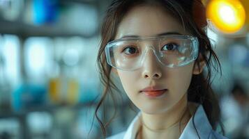 Portrait of an Asian female engineer in uniform and safety goggles, controlling and monitoring screen process in factory, photo