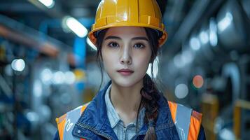 Asian female engineer in work uniform, ensuring safety while monitoring factory screen, photo