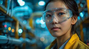 Portrait of a professional Asian engineer, safety goggles on, overseeing factory screen operations, photo