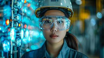 Asian female engineer in uniform, monitoring factory operations on screen, wearing safety gear, photo