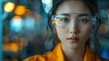 Portrait of an Asian female engineer, wearing goggles, controlling factory screen operations, photo