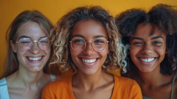 Joyful people laughing and smiling on simple bright background World Smile Day photo