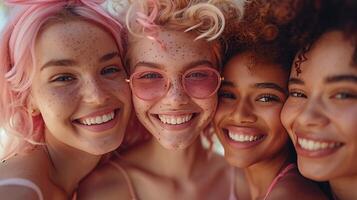 Group of friends smiling and having fun on bright simple background World Smile Day photo