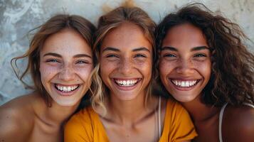 Smiling faces of happy people on simple bright background World Smile Day photo