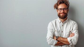 Cheerful teacher standing on white background World Teachers Day photo