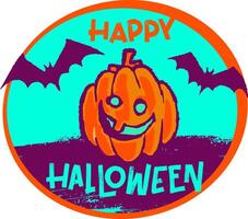 Happy halloween badge with pumpkin and bats vector