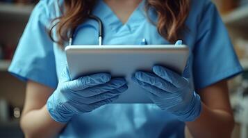 Close-up of nurse using tablet to log virus infection, gloves in focus, photo