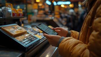 Cropped view of employee holding smartphone while taking customer order, photo