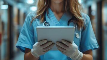 Cropped shot of nurse with gloves using tablet to document virus case, photo