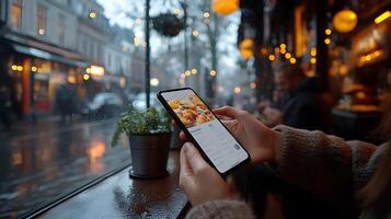 Close-up of hands holding smartphone to save customer menu order, photo