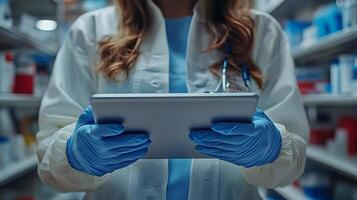 Cropped view of nurse using tablet to log virus case, gloves visible, photo