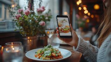 Close-up of hands holding smartphone to save customer menu order, photo