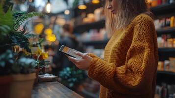 Cropped view of employee entering customer order into smartphone, photo