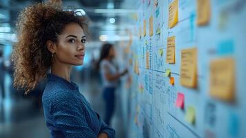 Colleagues in a contemporary workspace engaging in a creative brainstorming session with whiteboards and sticky notes. photo