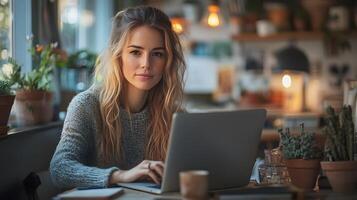 Woman working from home, focused on her laptop, with hands on the keyboard in a well-organized workspace. photo