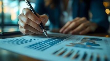 Business professional analyzing financial data with a focus on a growth chart and business graph, incorporating a digital marketing plan. photo