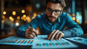 Business professional analyzing a financial report with a growth chart and business graph on a desktop, linked to a digital marketing strategy. photo