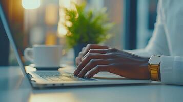 Close-up of hands typing on a laptop at a modern desk, with a cup of coffee and a small plant nearby. photo