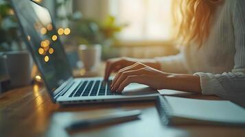 Close-up of a woman typing on her laptop in a tidy workspace, with a notebook and pen within reach. photo