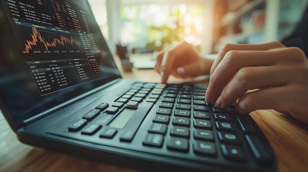 Close-up of hands entering numbers into a calculator while a laptop displays financial information on a neat desk. photo