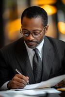 Business professional reviewing documents, prioritizing goals crucial to business success. photo