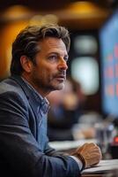 CEO confidently outlining a business plan on a large screen, addressing executives during an urgent meeting. photo