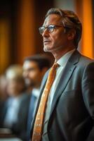 CEO confidently outlining a business plan on a large screen, addressing executives during an urgent meeting. photo