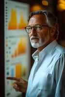 CEO explaining strategic objectives to colleagues, pointing at charts and graphs on a presentation board. photo
