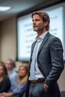 CEO presenting a business proposal with emphasis on growth strategies, engaging the team with visual slides. photo